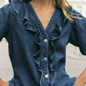 NWT Zara Denim Ruffle Button-Front Blouse In Dark Wash - M